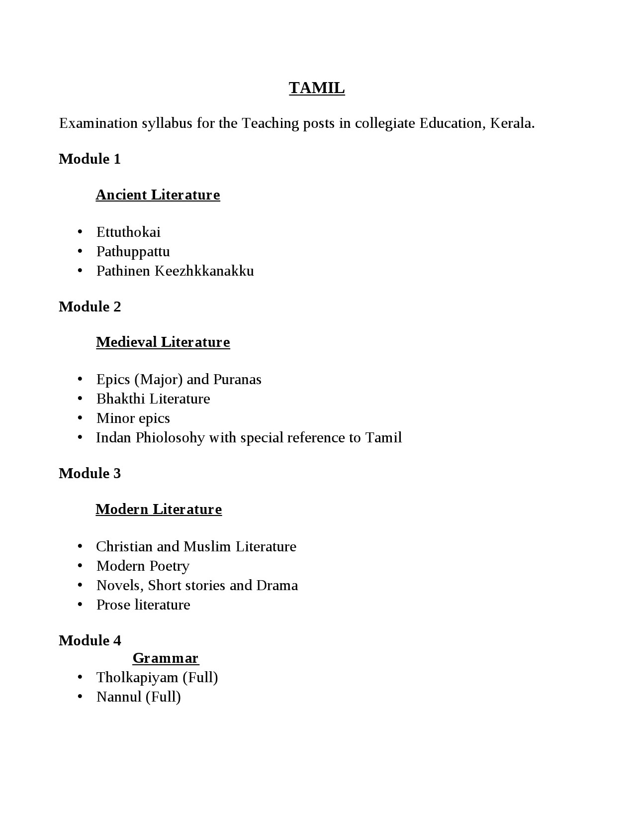 Tamil Teaching Posts Kerala PG Level Exam Syllabus - Notification Image 1