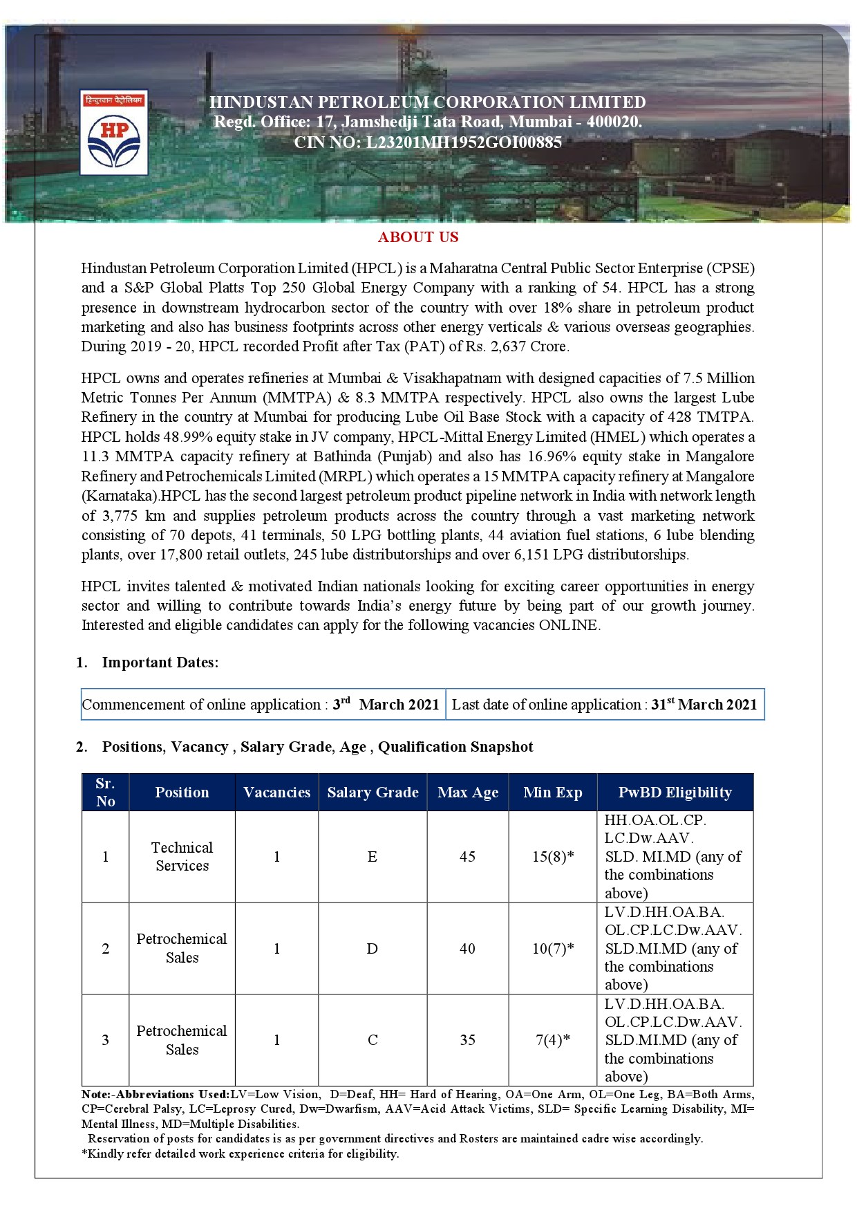 Technical Services and Petrochemical Sales in HPCL - Notification Image 1