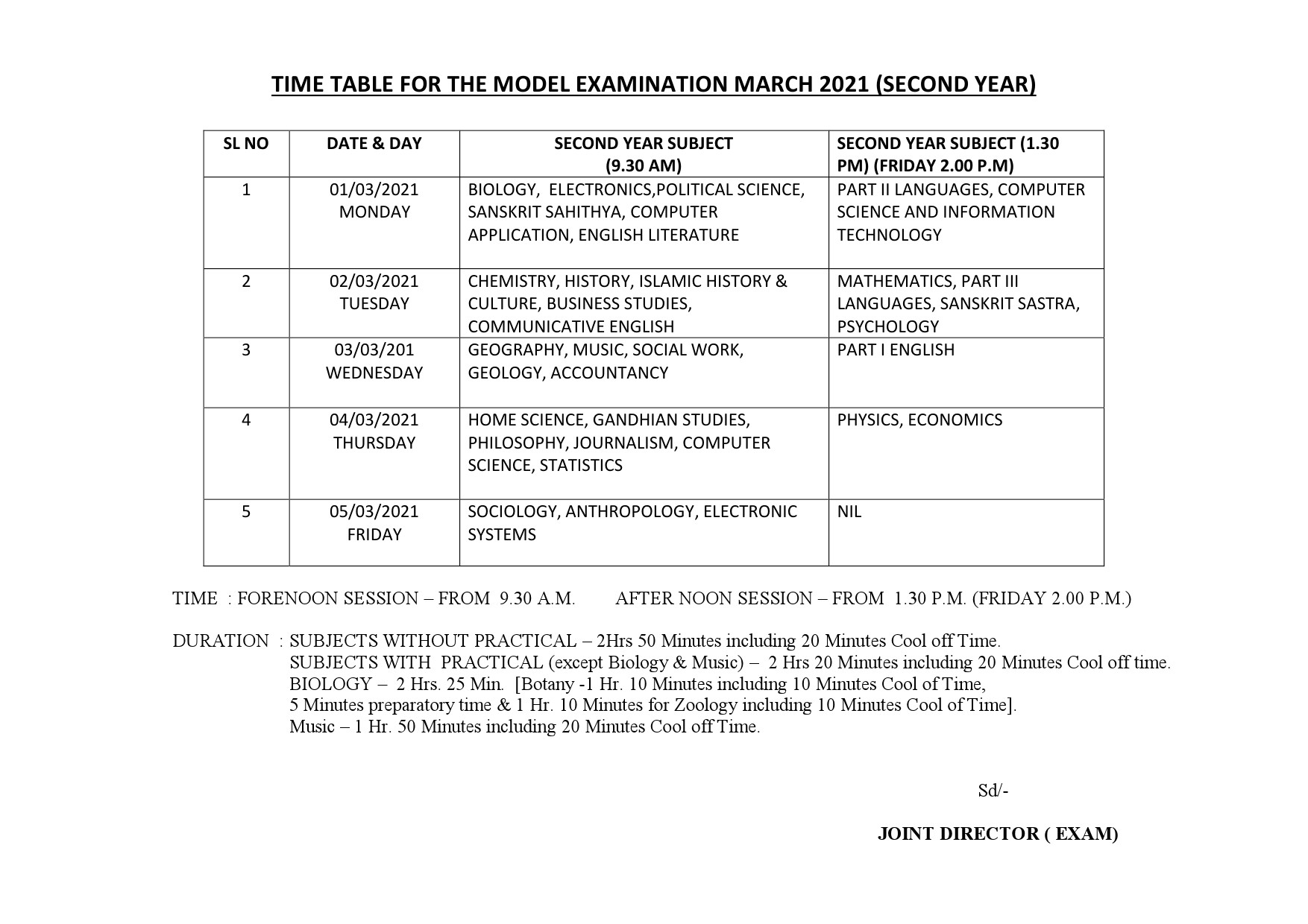 Time Table For The Model Examination March 2021 Second Year - Notification Image 2