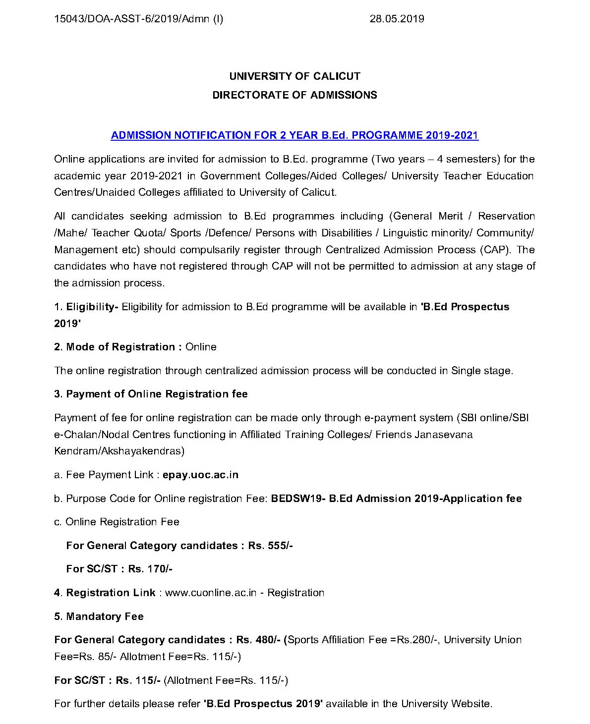 University Of Calicut Admission Notification For B Ed 2019 2021 - Notification Image 1