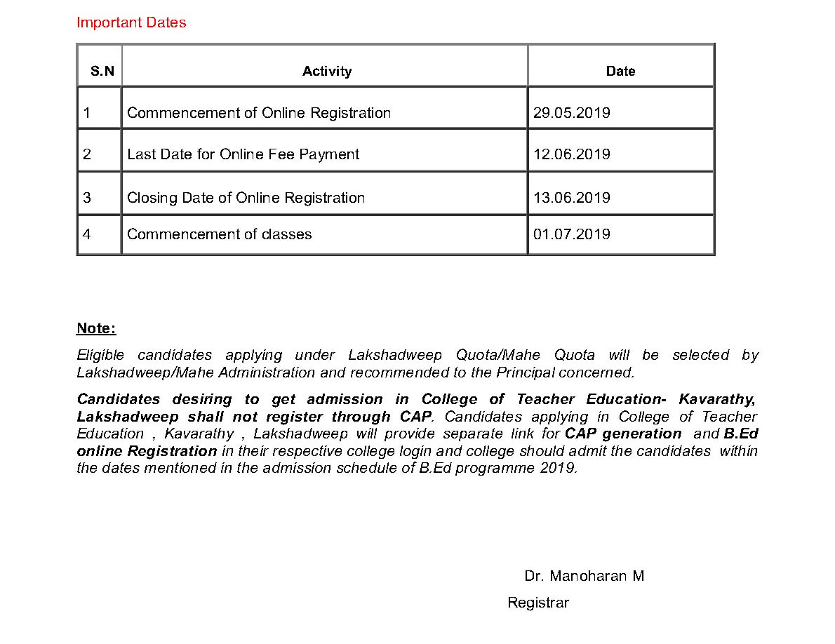 University Of Calicut Admission Notification For B Ed 2019 2021 - Notification Image 2