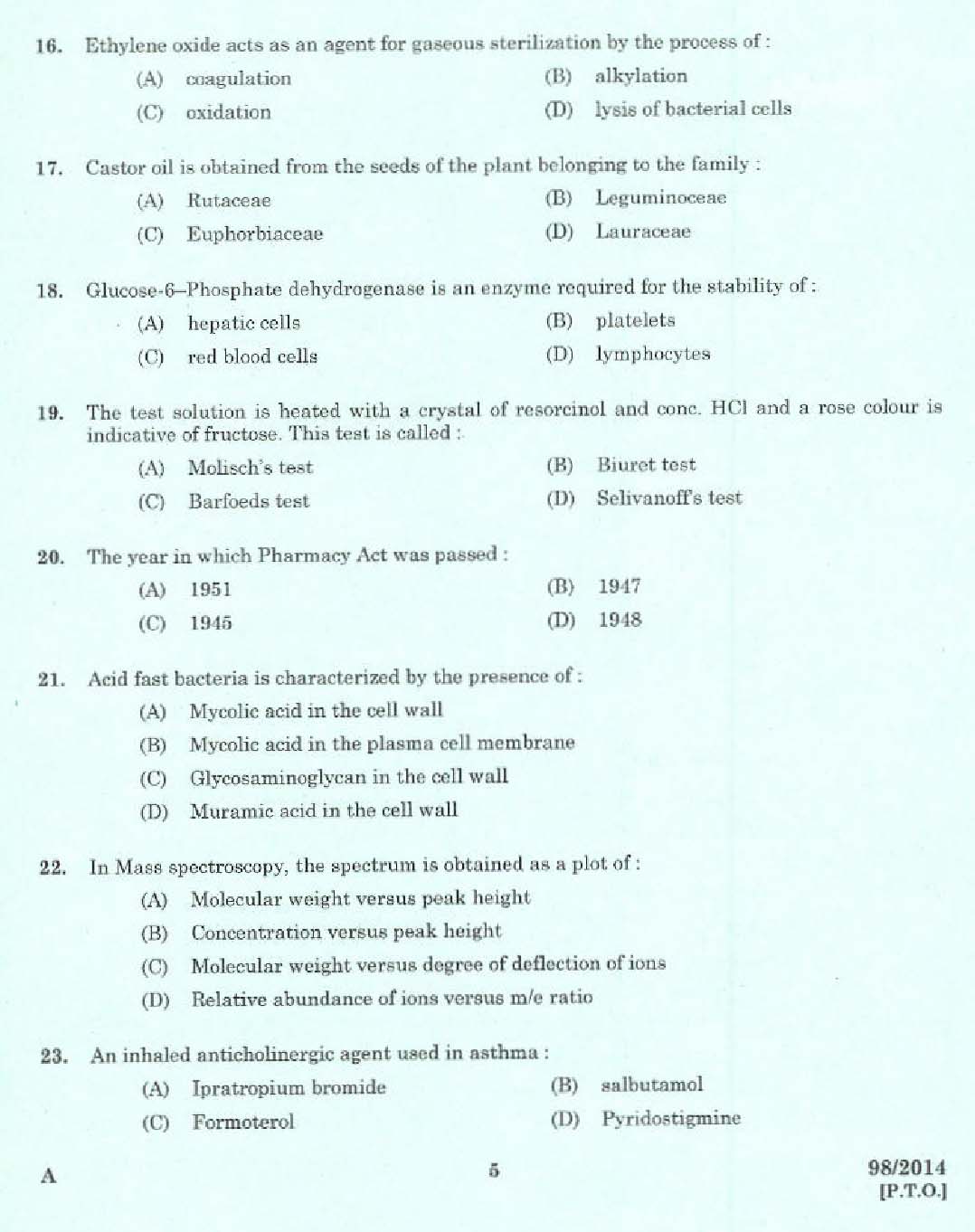 Kerala PSC Pharma Chemist Exam Code 982014 3