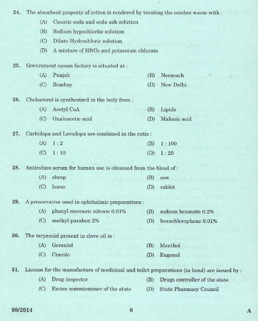 Kerala PSC Pharma Chemist Exam Code 982014 4