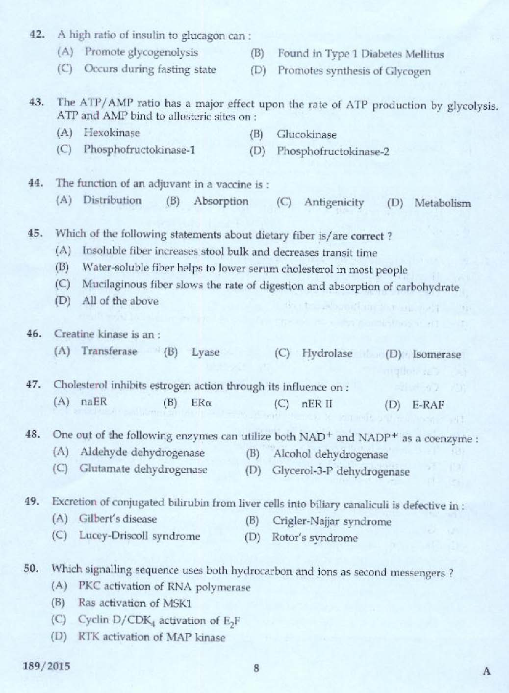 KPSC Bio Chemist Exam 2015 Code 1892015 6