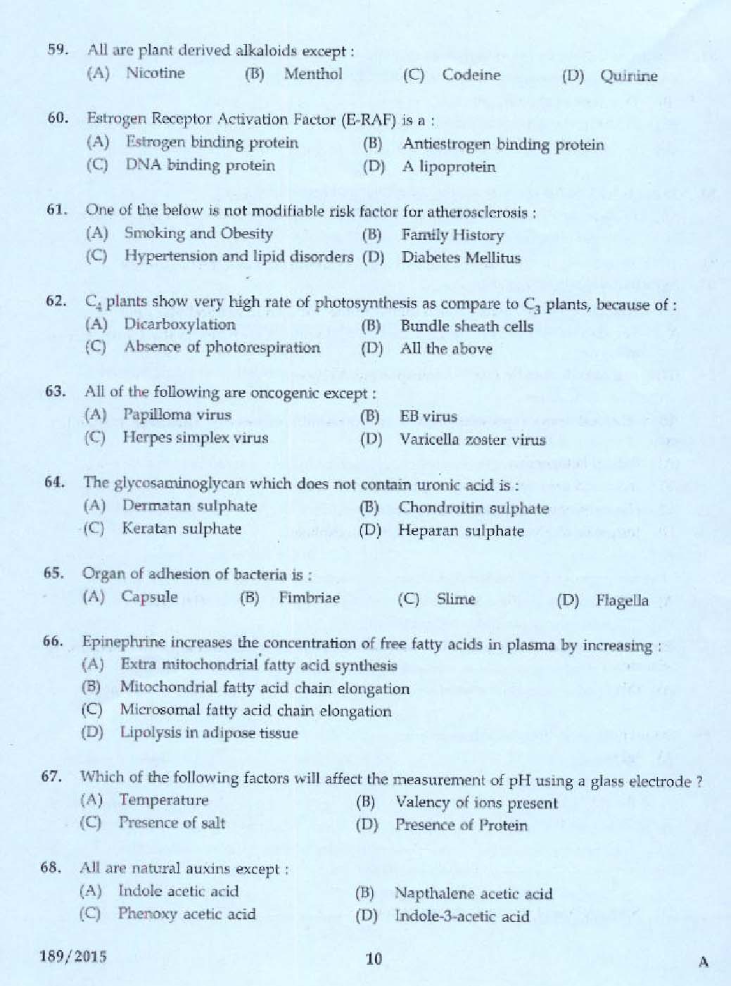 KPSC Bio Chemist Exam 2015 Code 1892015 8