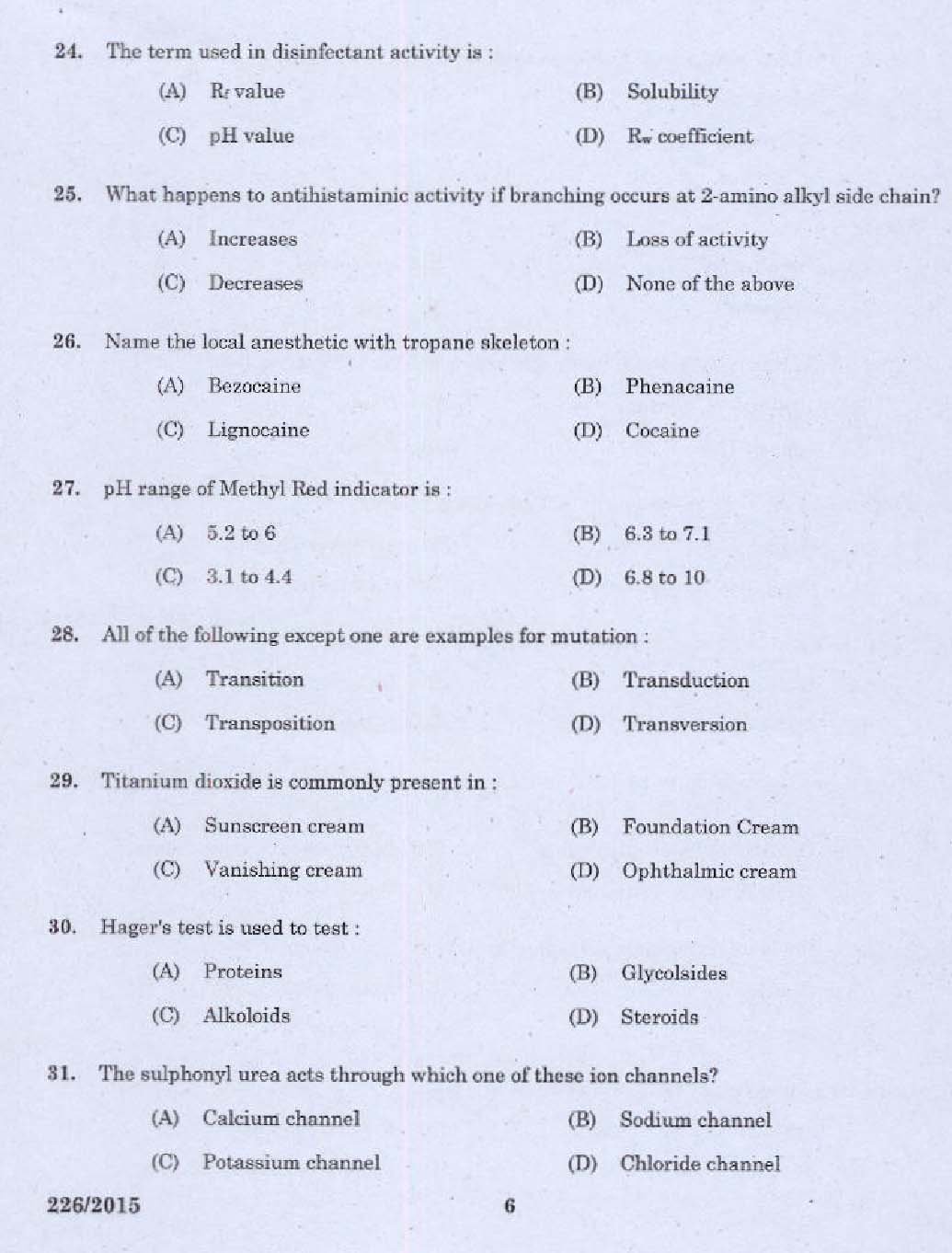 KPSC Chemist Grade II Exam 2015 Code 2262015 4