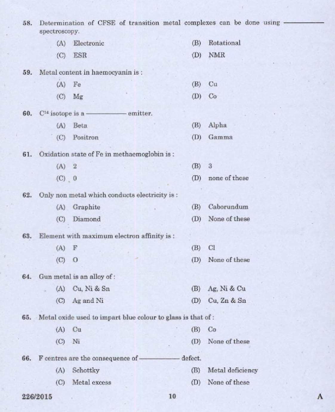 KPSC Chemist Grade II Exam 2015 Code 2262015 8