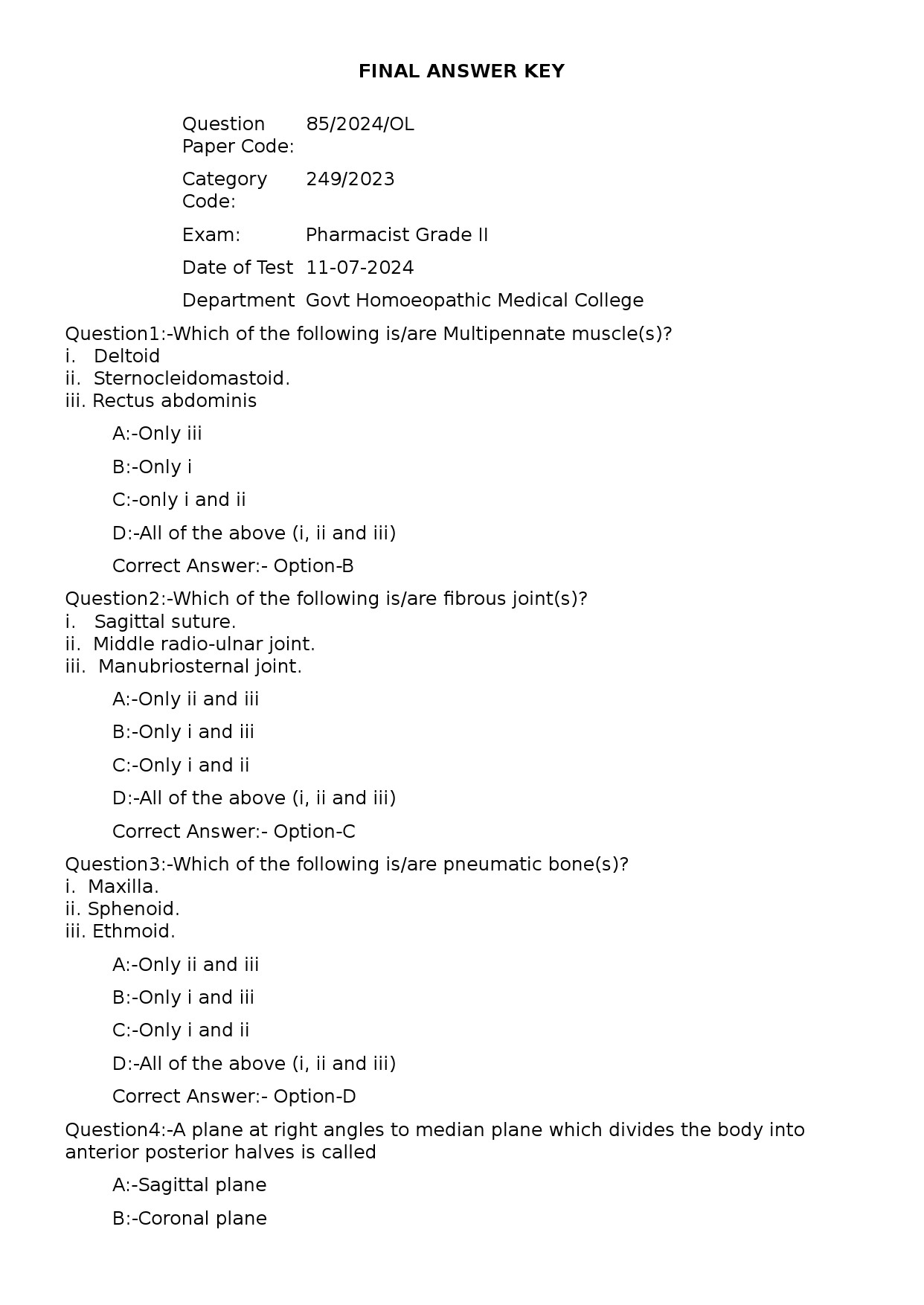 KPSC Pharmacist Grade II Exam 2024 Code 852024OL 1