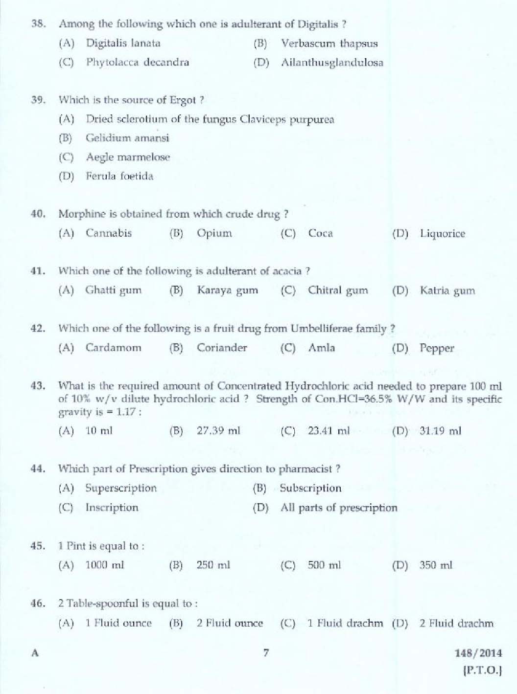 KPSC Pharmacist Grade II Health Services Exam 2014 Code 1482014 5