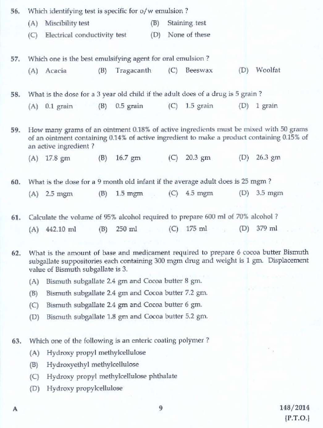 KPSC Pharmacist Grade II Health Services Exam 2014 Code 1482014 7