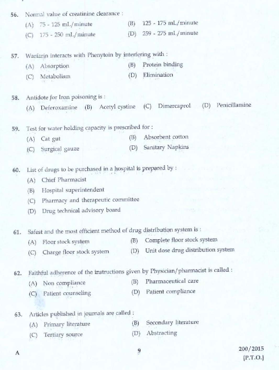 KPSC Pharmacist Grade II Health Services Exam 2015 Code 2002015 7