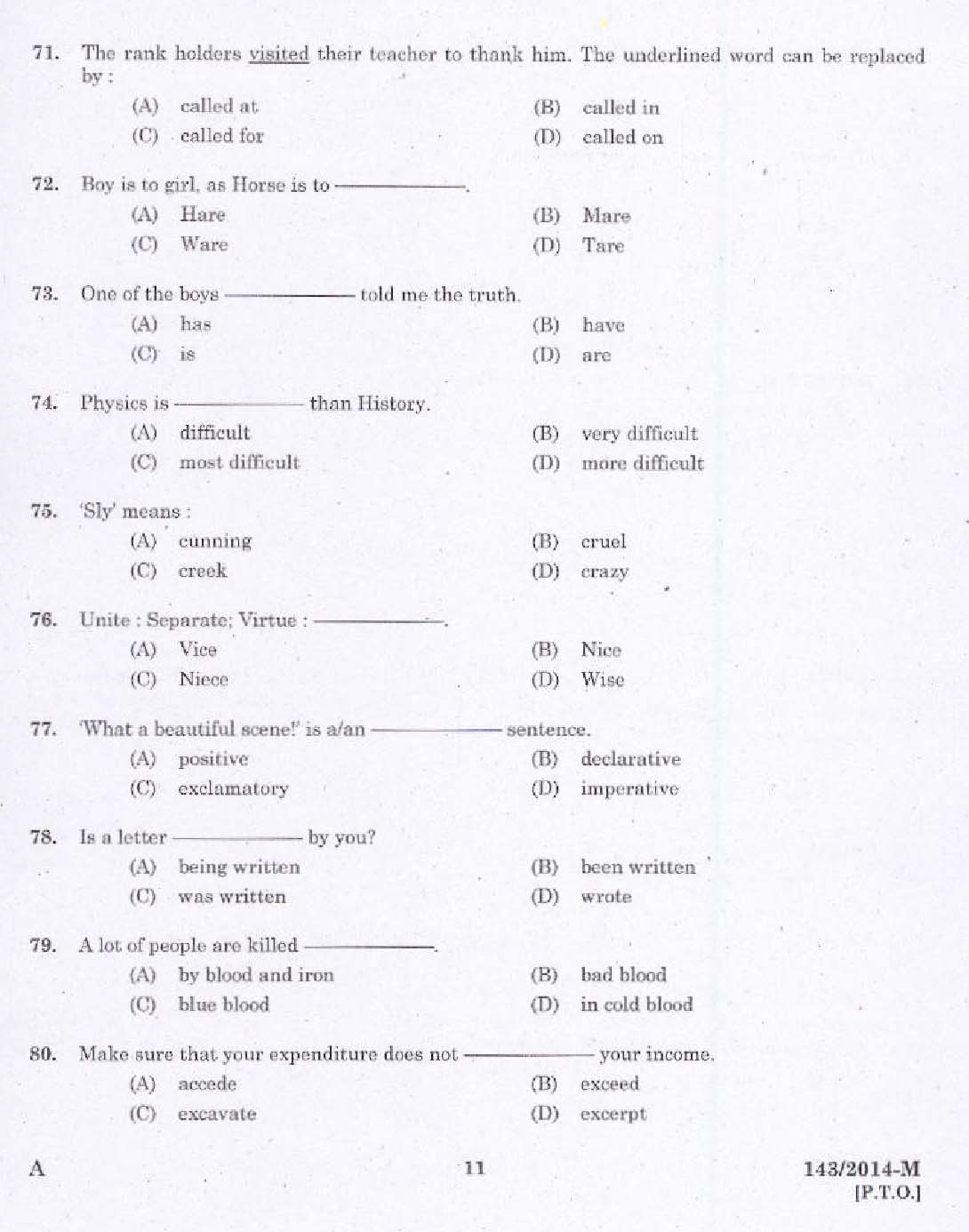 Kerala PSC Women Police Constable Exam Question Code 1432014 M 9