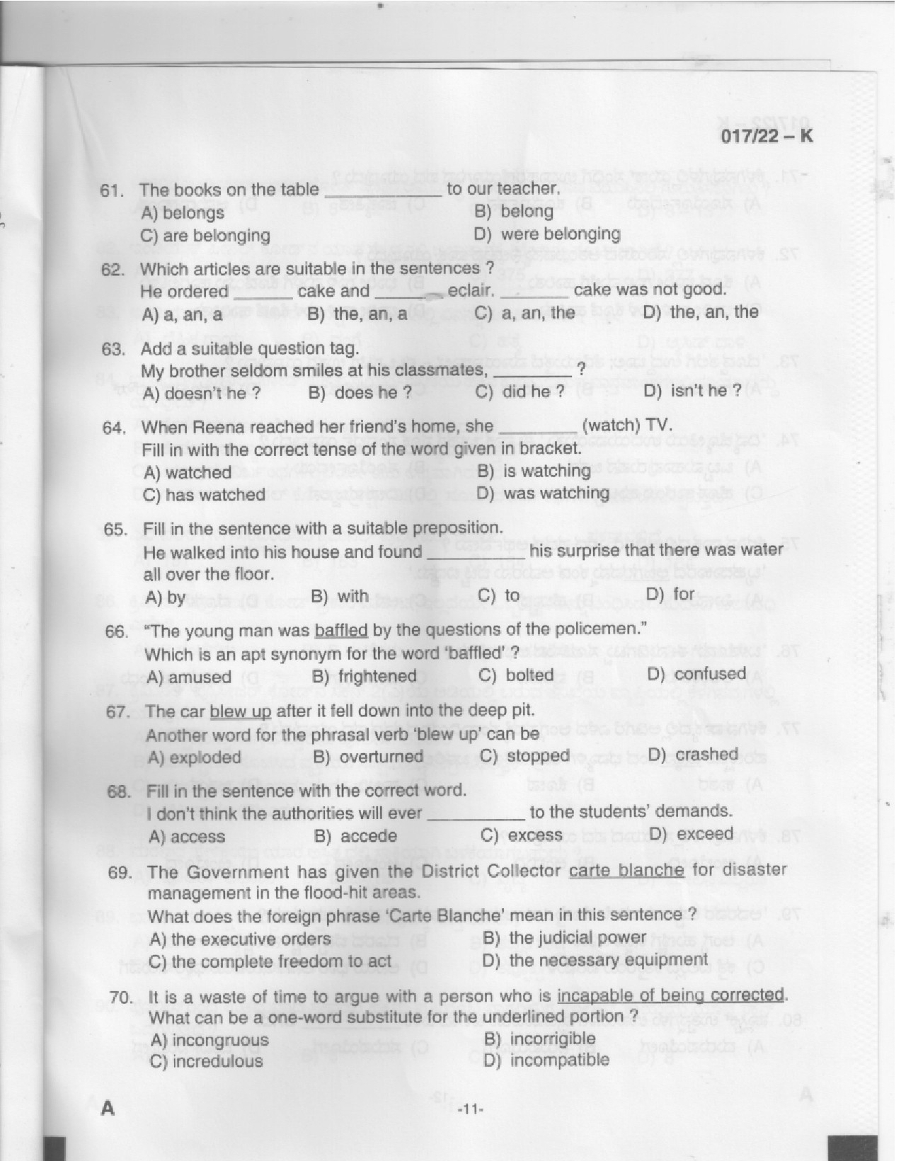 KPSC Police Constable Kannada Exam 2022 Code 0172022 K 9