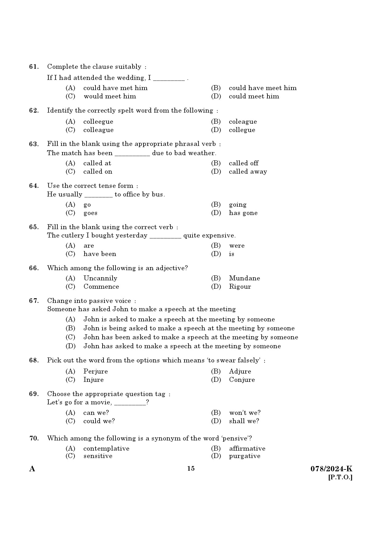 KPSC Woman Police Constable Kannada Exam 2024 Code 0782024 K 13