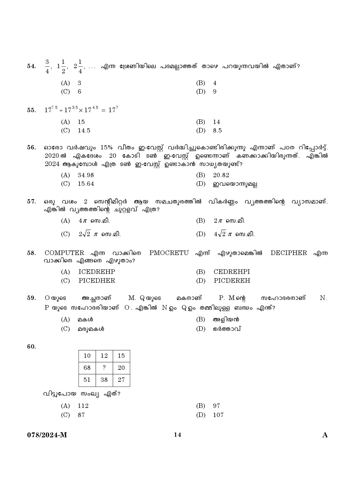 KPSC Woman Police Constable Malayalam Exam 2024 Code 0782024 M 12