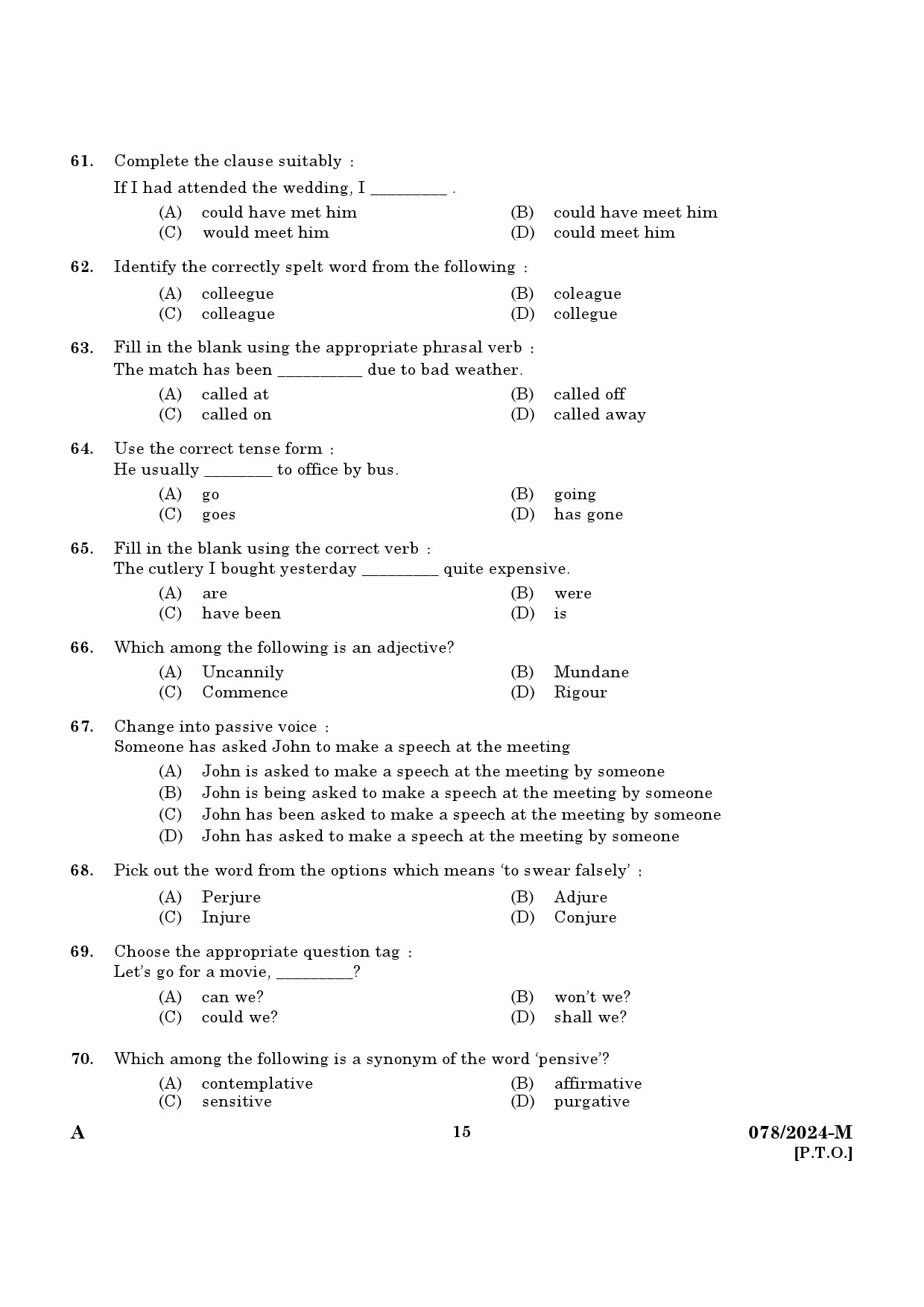 KPSC Woman Police Constable Malayalam Exam 2024 Code 0782024 M 13