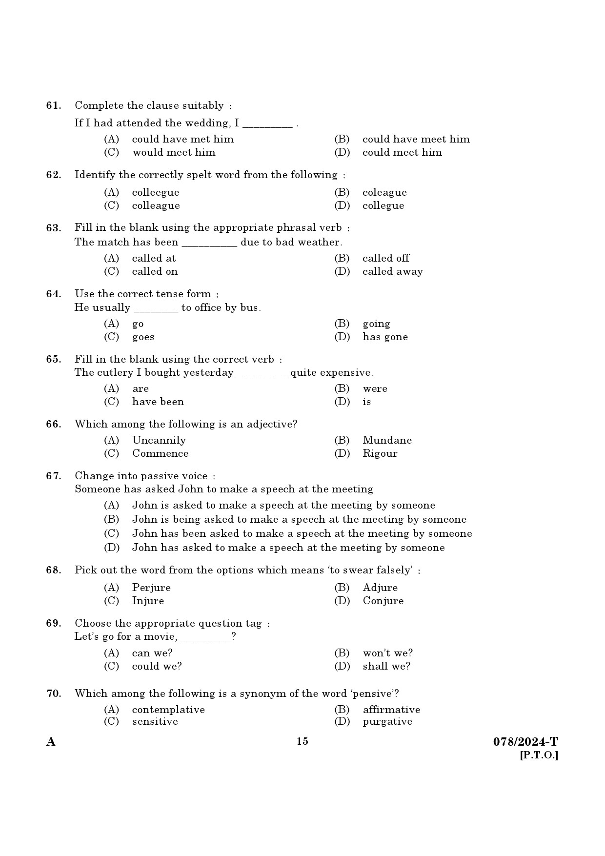 KPSC Woman Police Constable Tamil Exam 2024 Code 0782024 T 13