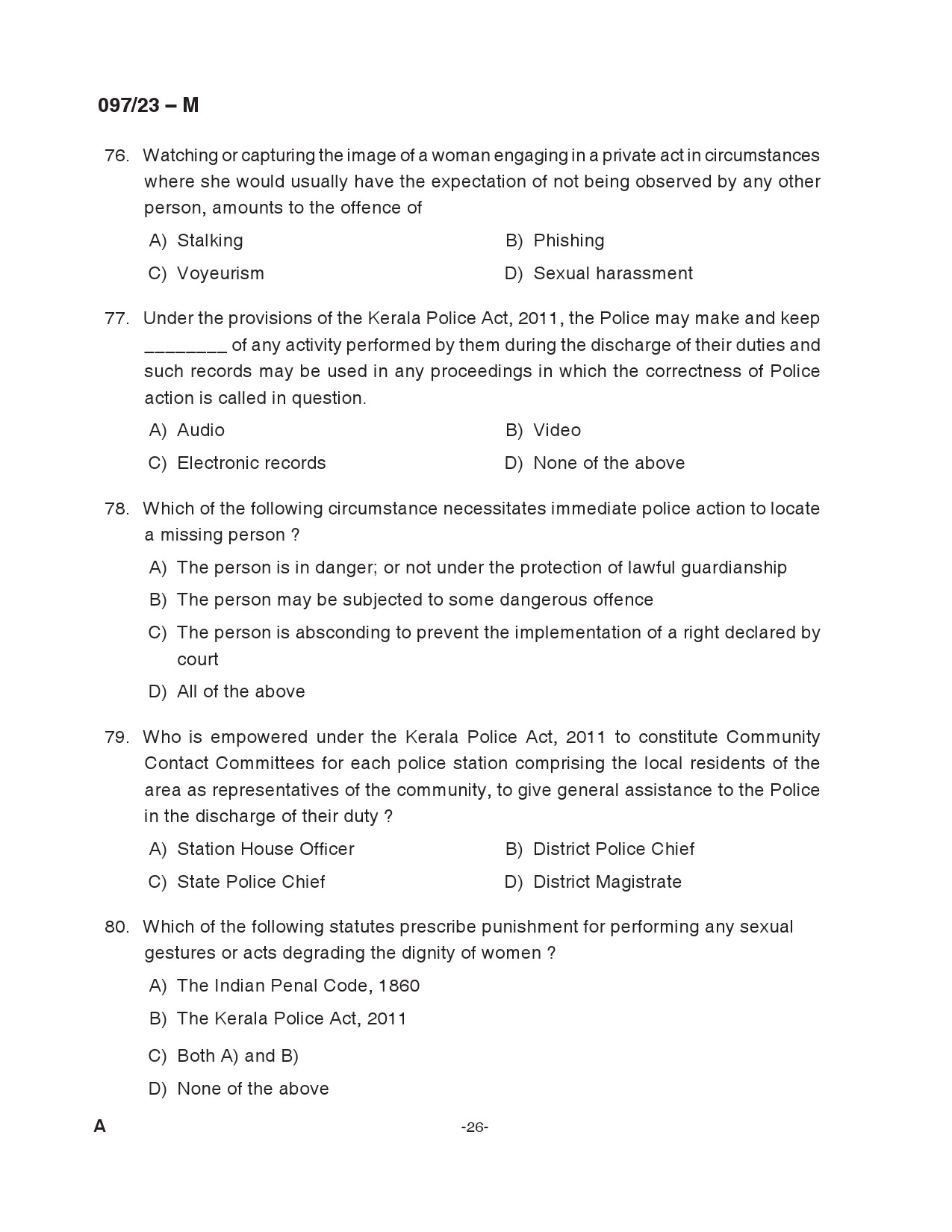 KPSC Armed Police Sub Inspector Malayalam Exam 2023 Code 0972023 M 26