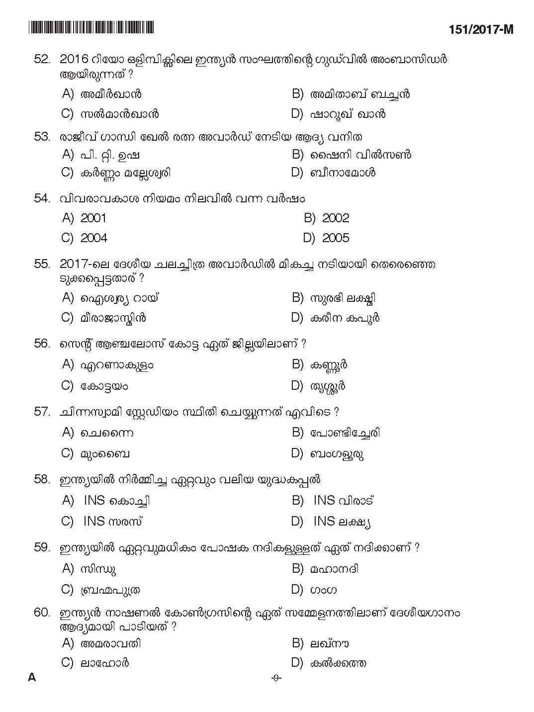 Kerala PSC Salesman Saleswomen Exam 2017 Question Paper Code 1512017 M 9