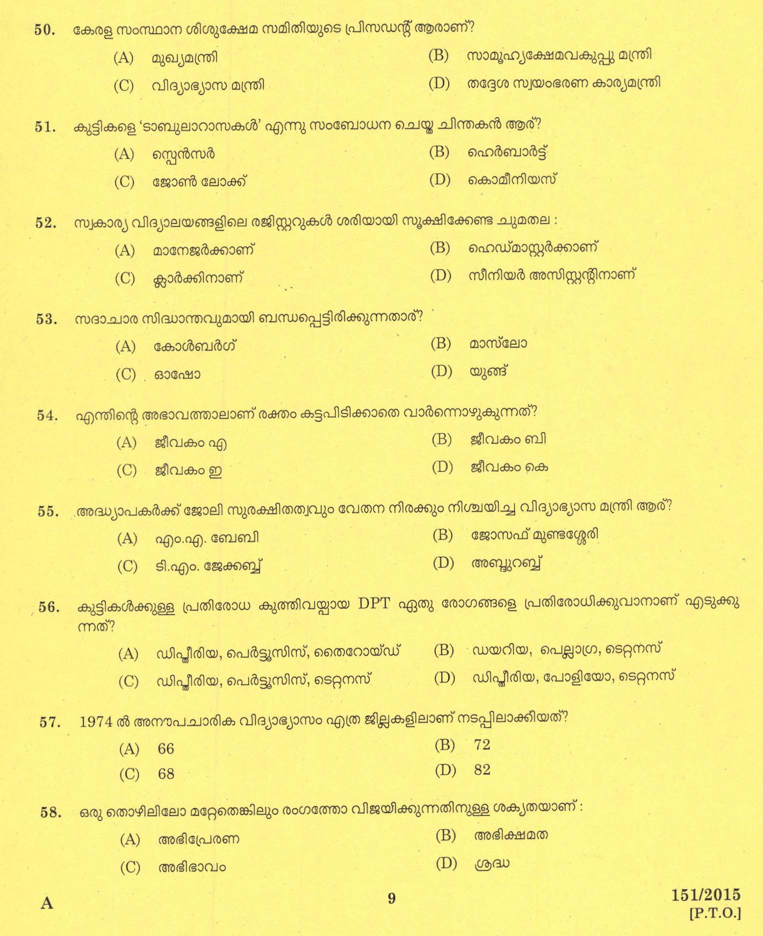 Kerala PSC Nursery School Teacher Question Code 1512015 7