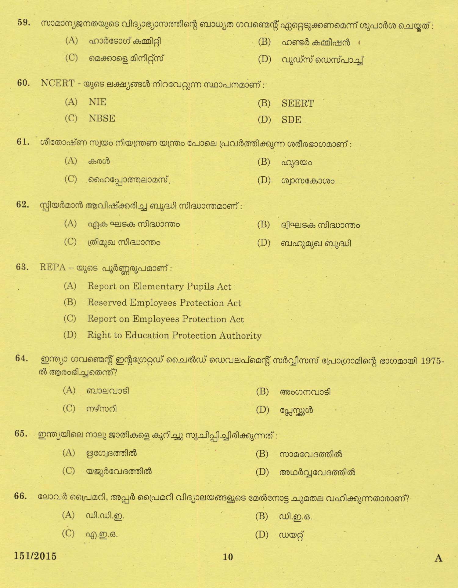 Kerala PSC Nursery School Teacher Question Code 1512015 8