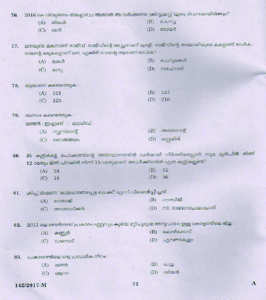 Kerala PSC P D Teacher Question Code 1422017 M 11