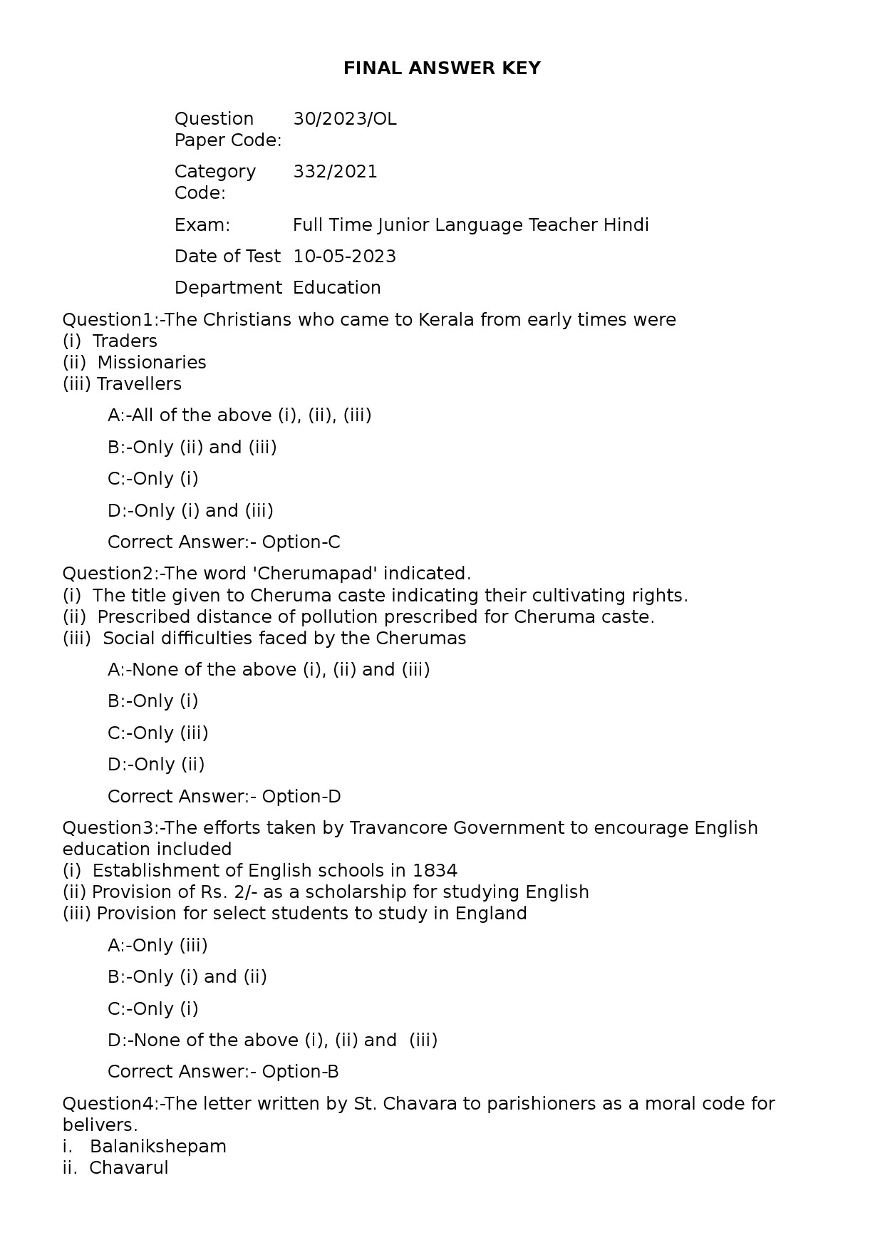 KPSC Full Time Junior Language Teacher Hindi Exam 2023 Code 302023OL 1