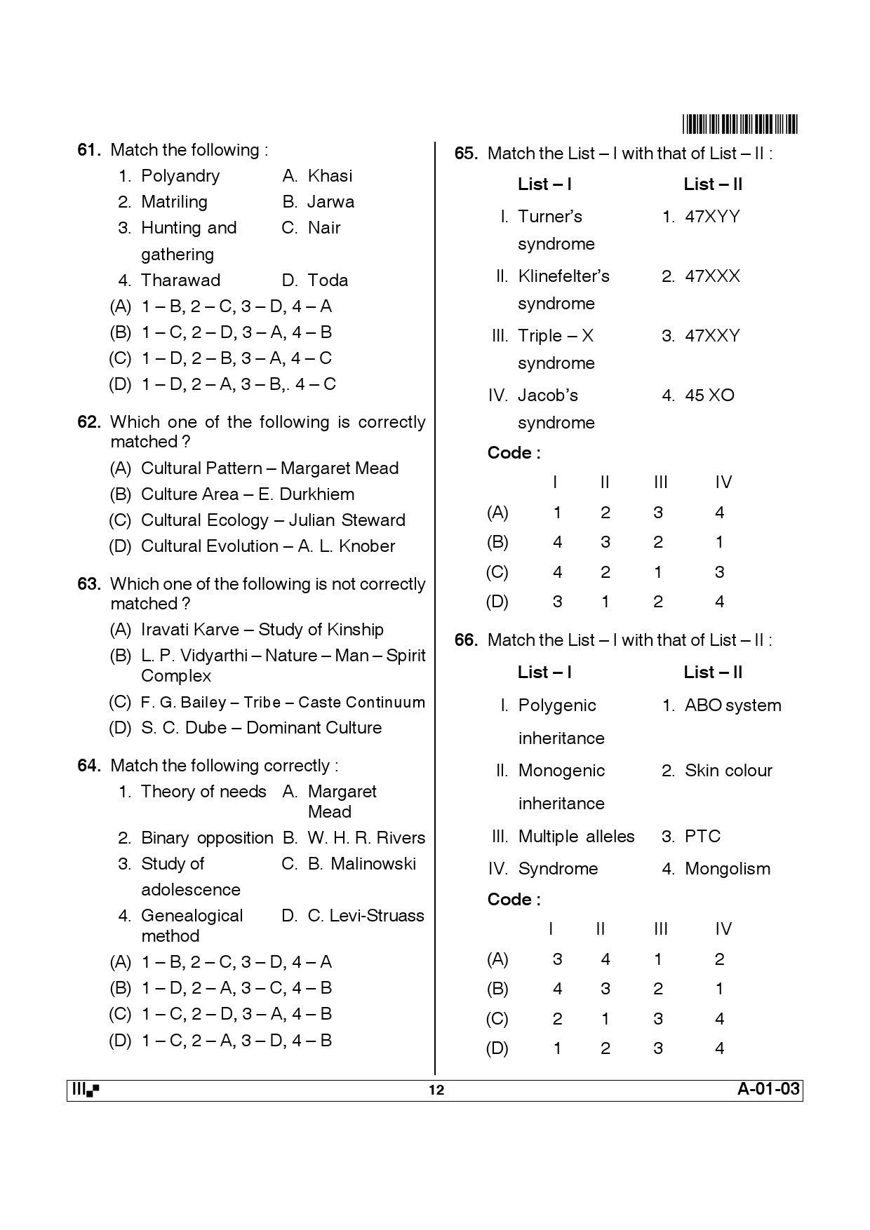 Telangana SET Anthropology 2012 Question Paper III 11