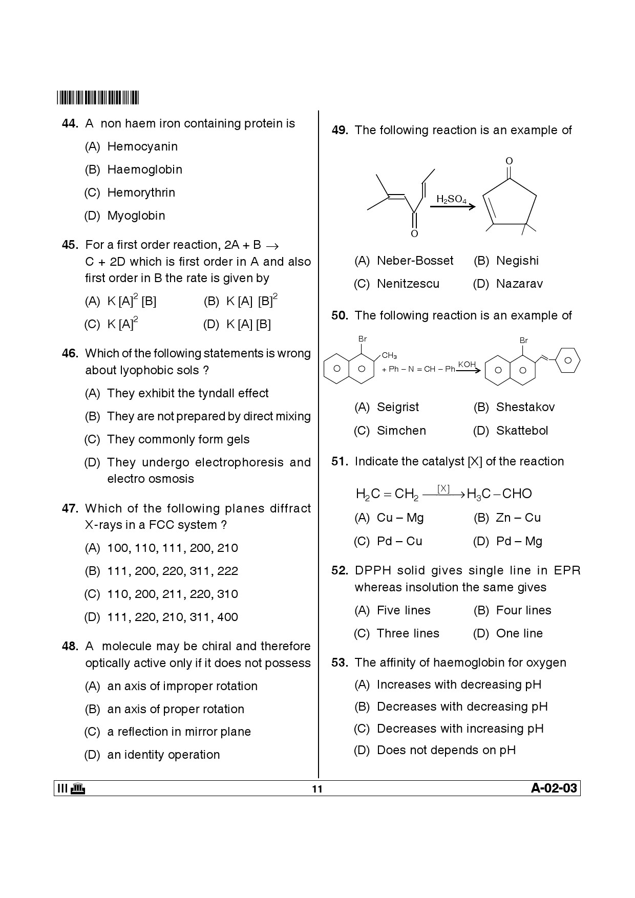 Telangana SET Chemical Sciences 2013 Question Paper III 10