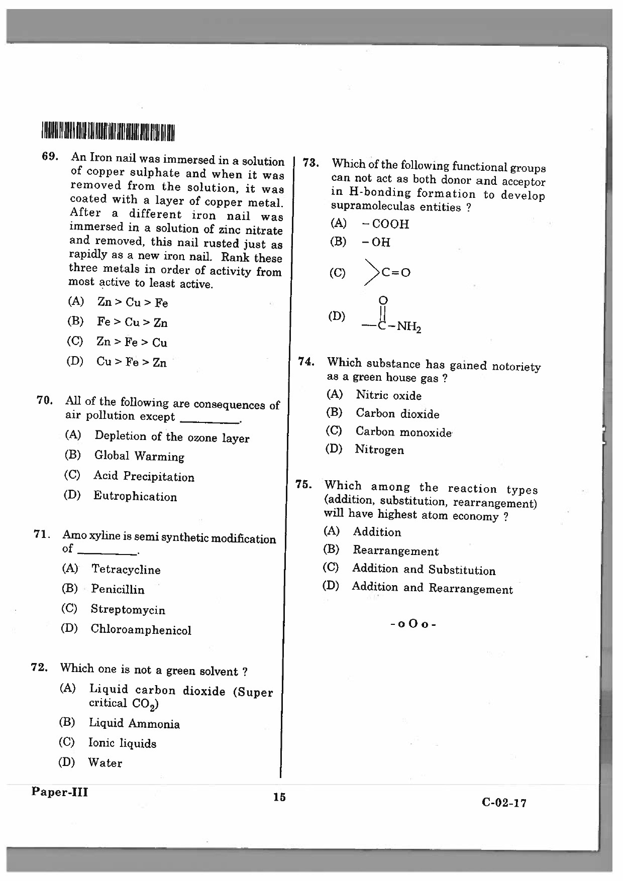 Telangana SET Chemical Sciences 2017 Question Paper III 14