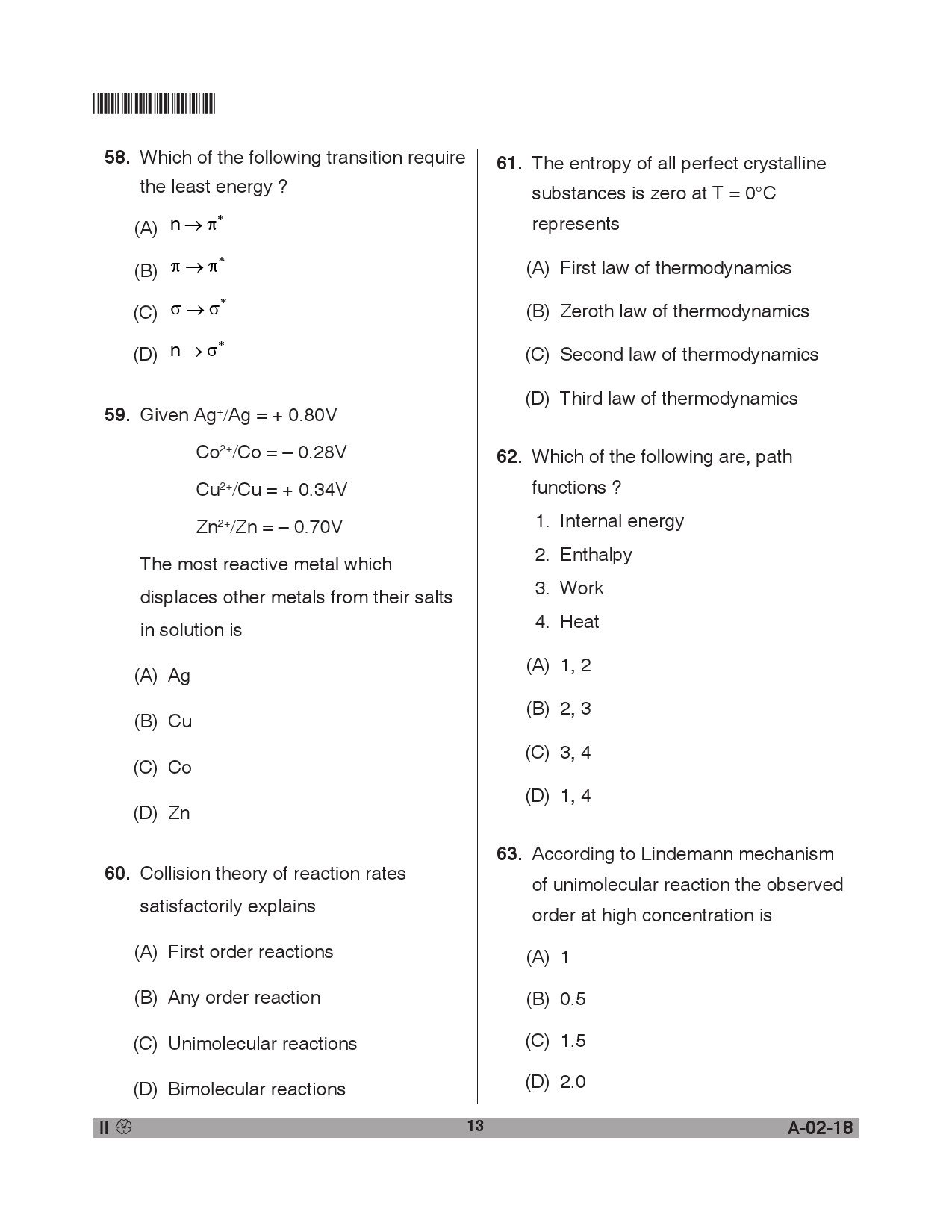 Telangana SET Chemical Sciences 2018 Question Paper II 12