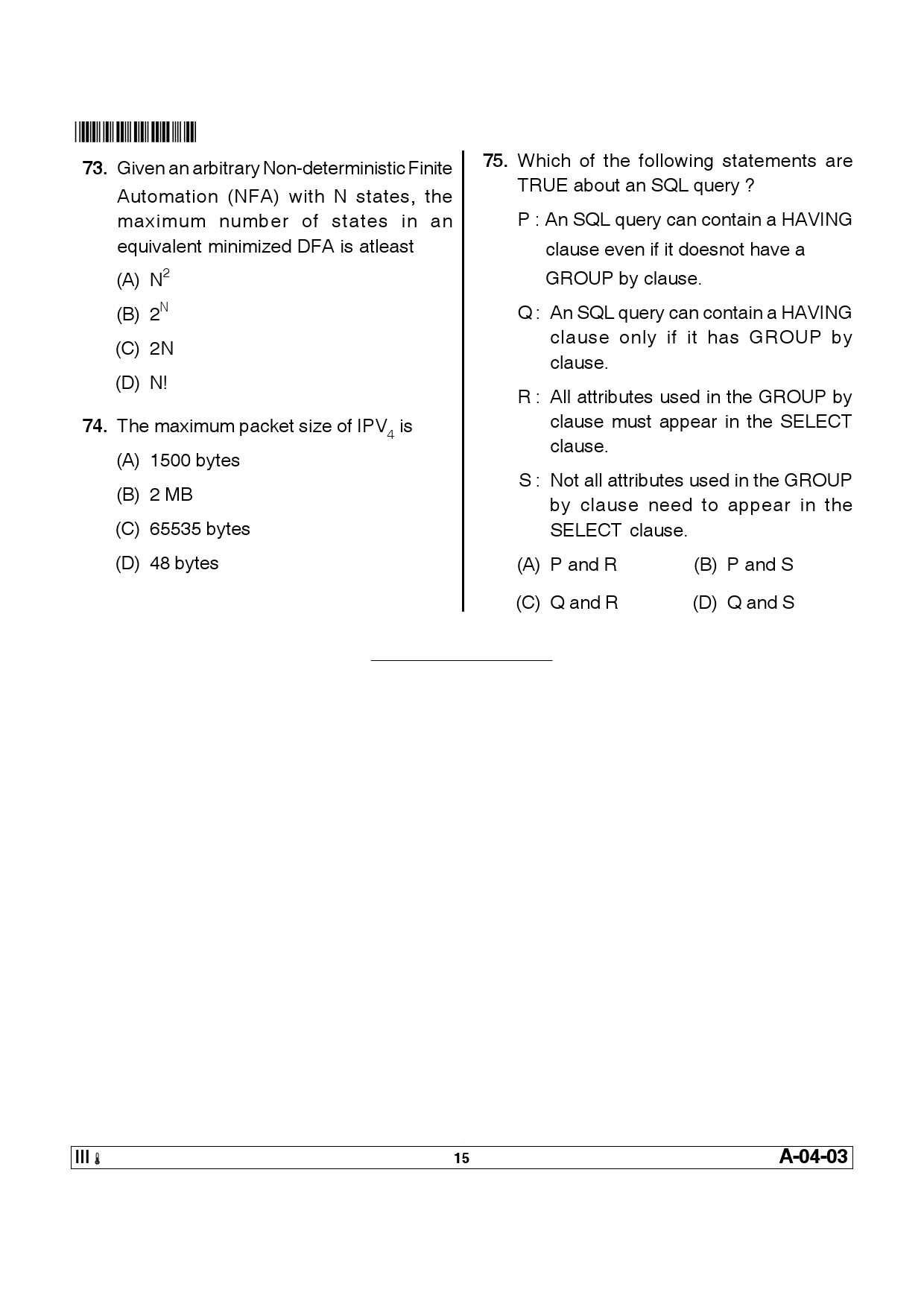 Telangana SET Computer Science and Application 2012 Question Paper III 14