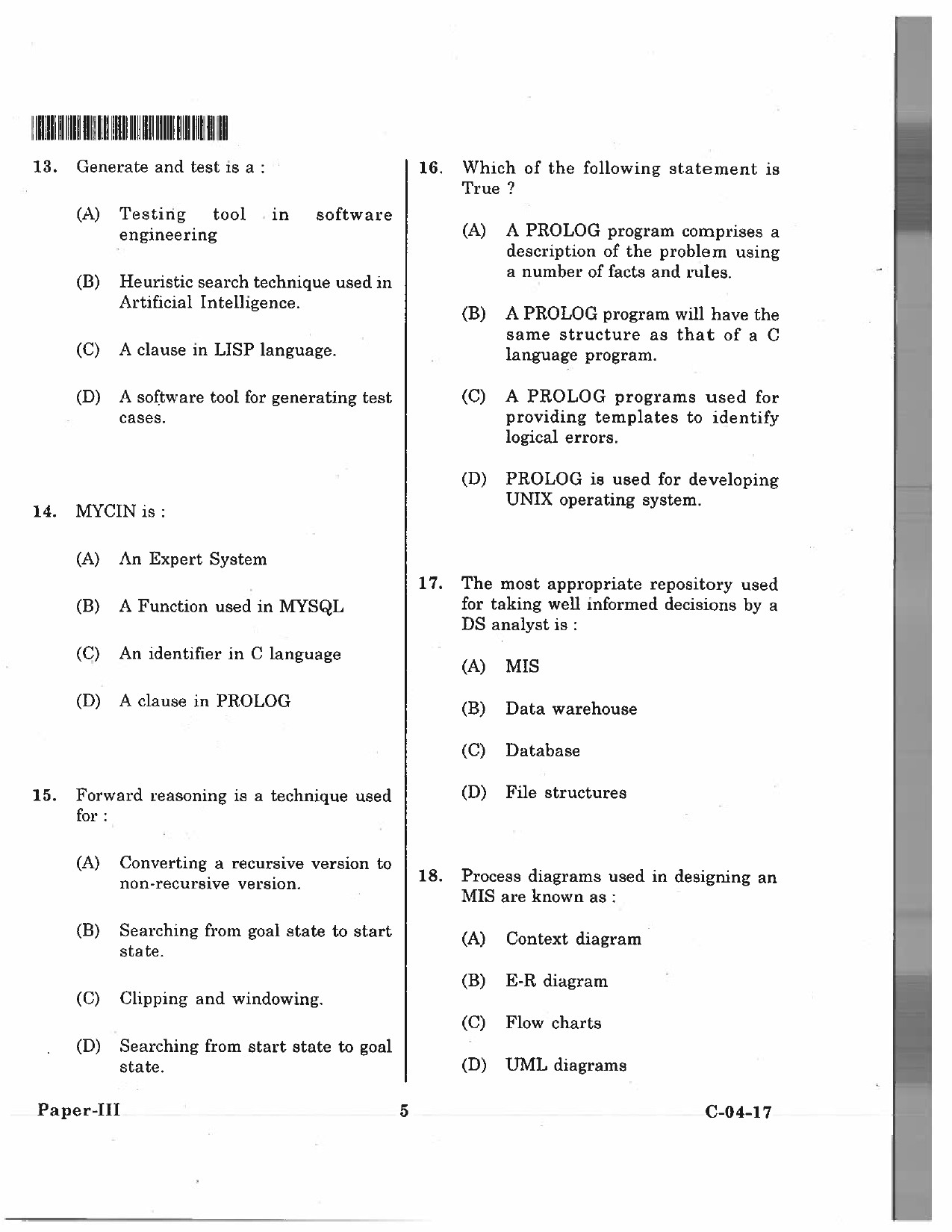 Telangana SET Computer Science and Application 2017 Question Paper III 4