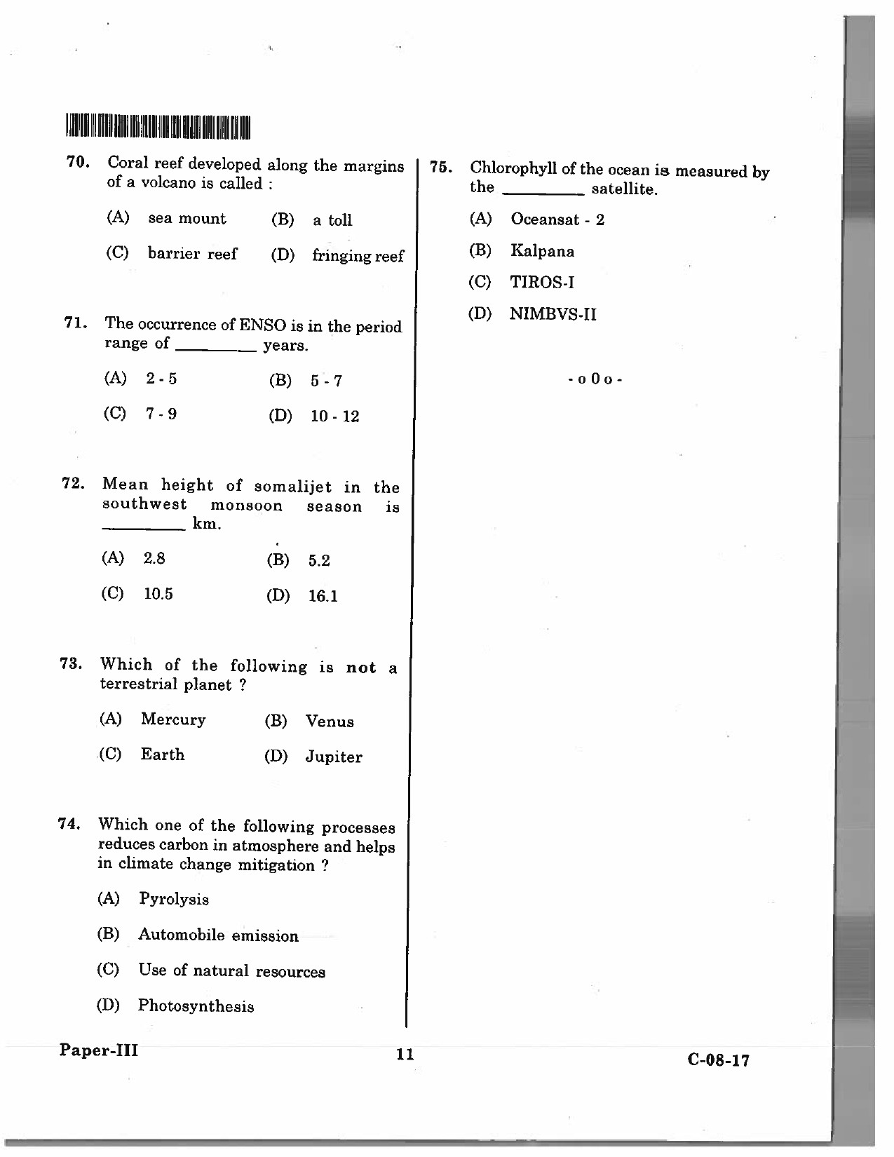 Telangana SET Earth Science 2017 Question Paper III 10