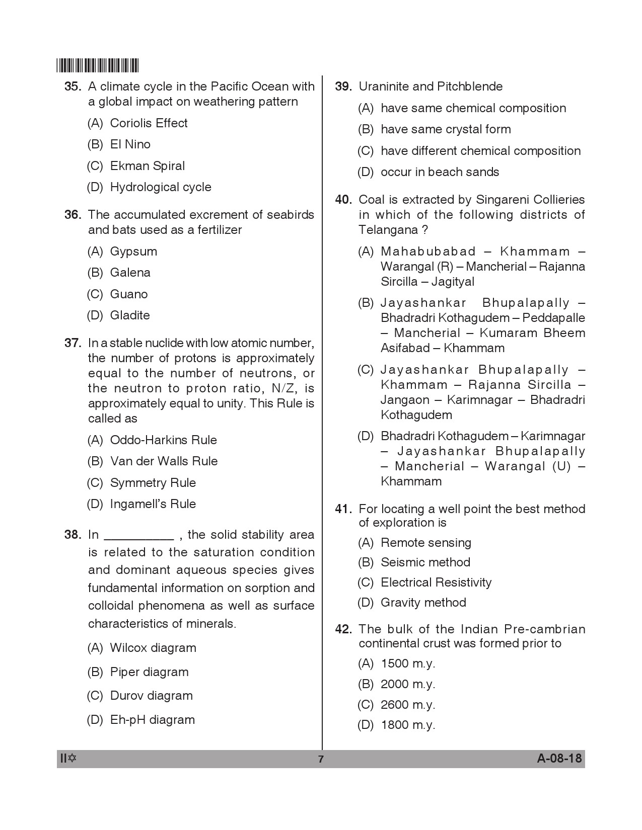 Telangana SET Earth Science 2018 Question Paper II 6