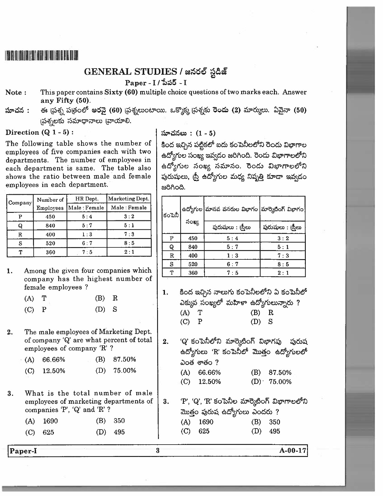 Telangana SET General Paper 2017 Question Paper I 2