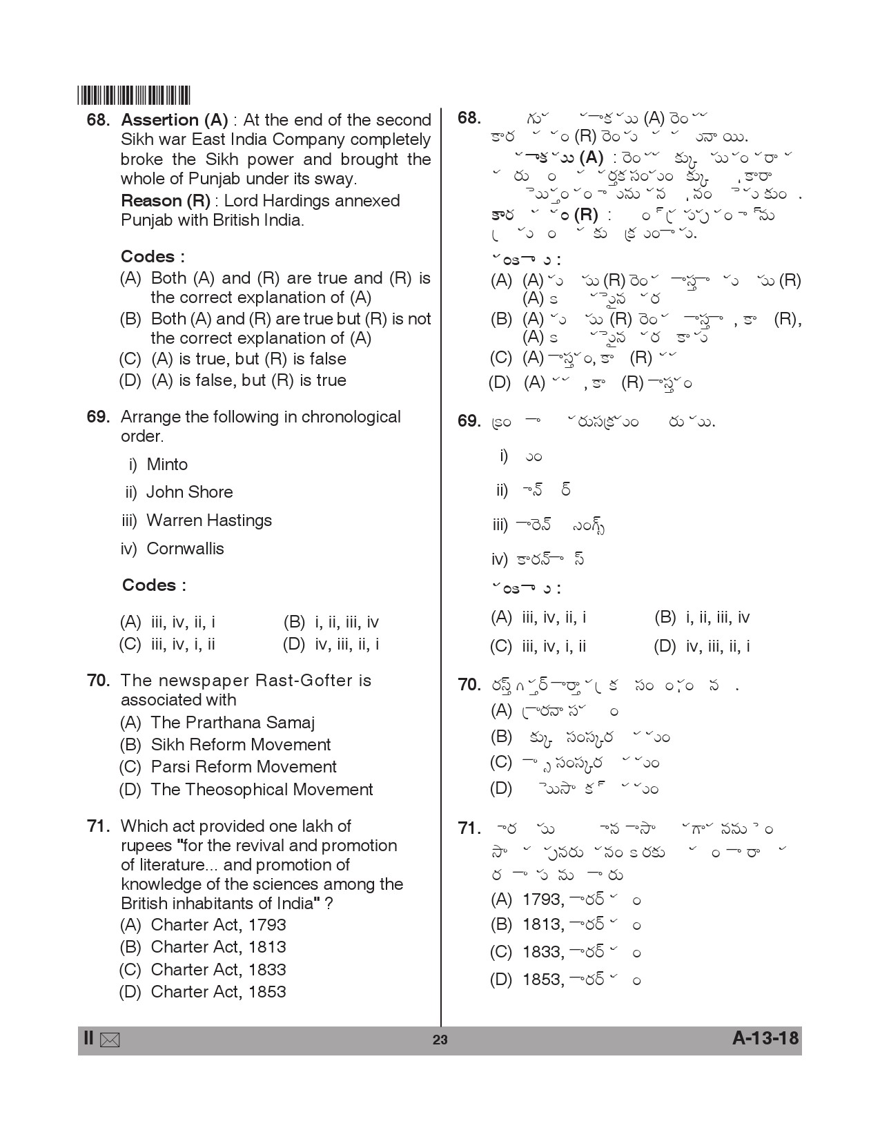 Telangana SET History 2018 Question Paper II 22