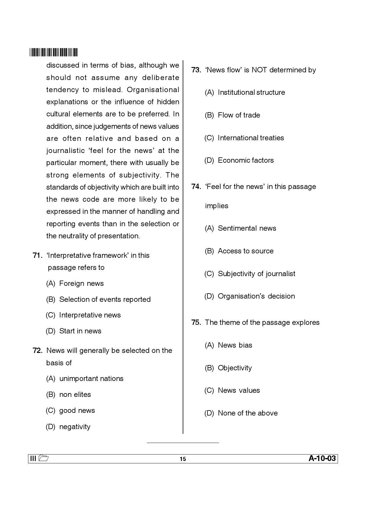 Telangana SET Journalism And Mass Communication 2013 Question Paper III 14