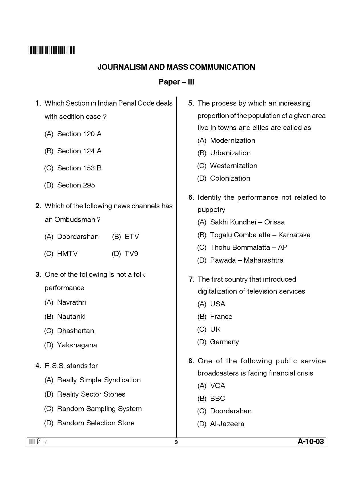 Telangana SET Journalism And Mass Communication 2013 Question Paper III 2