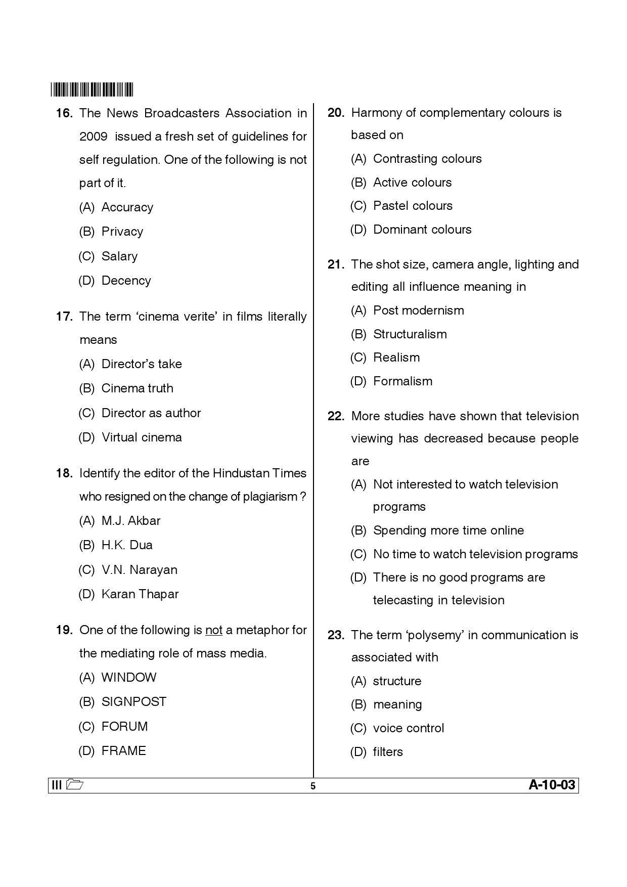 Telangana SET Journalism And Mass Communication 2013 Question Paper III 4