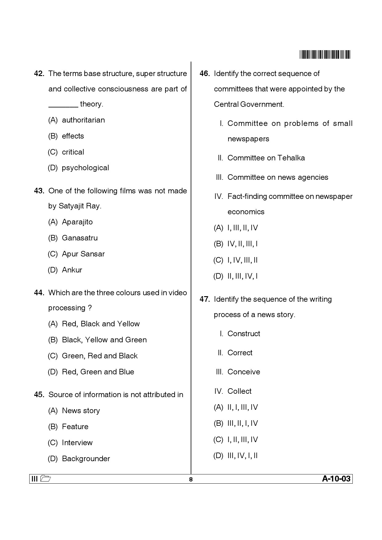 Telangana SET Journalism And Mass Communication 2013 Question Paper III 7