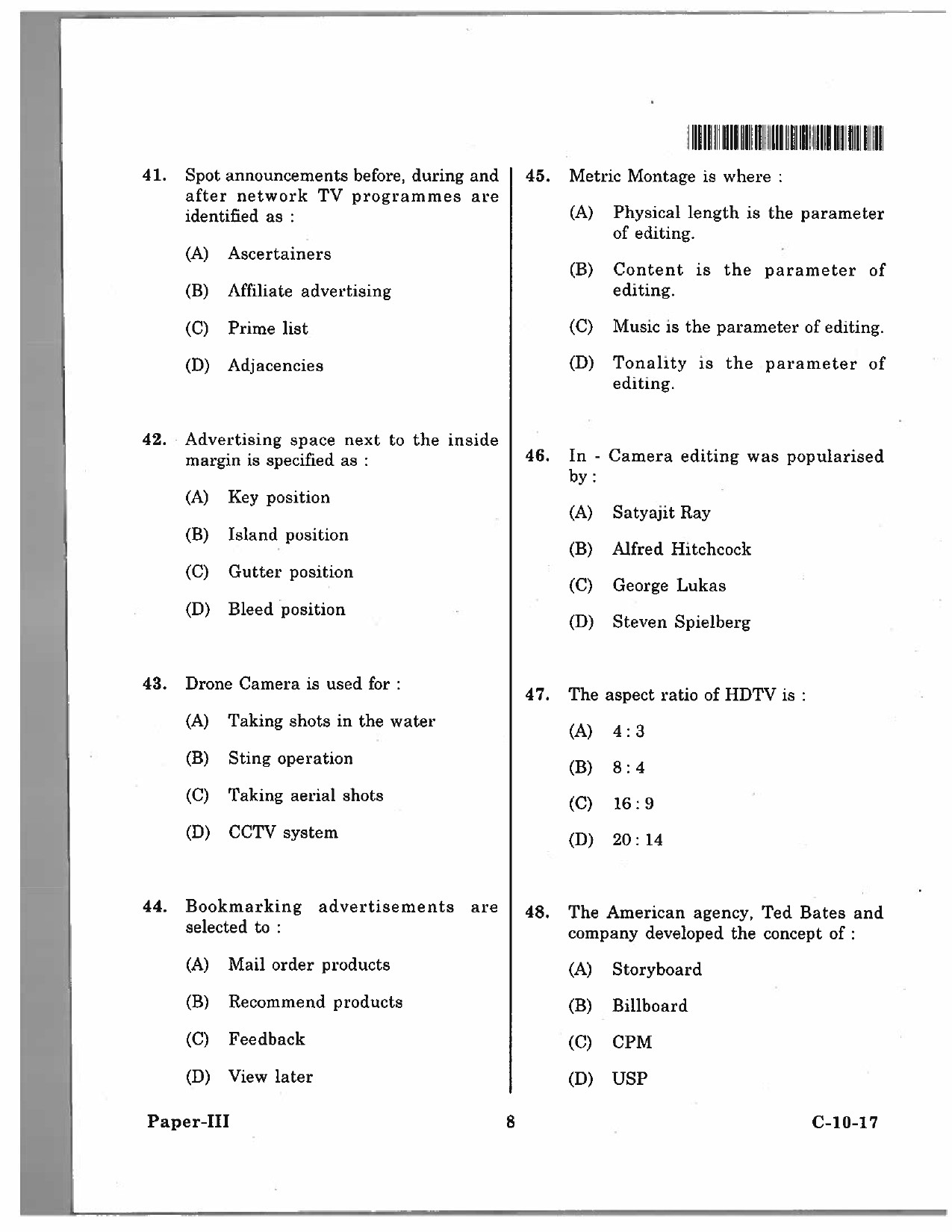 Telangana SET Journalism And Mass Communication 2017 Question Paper III 7