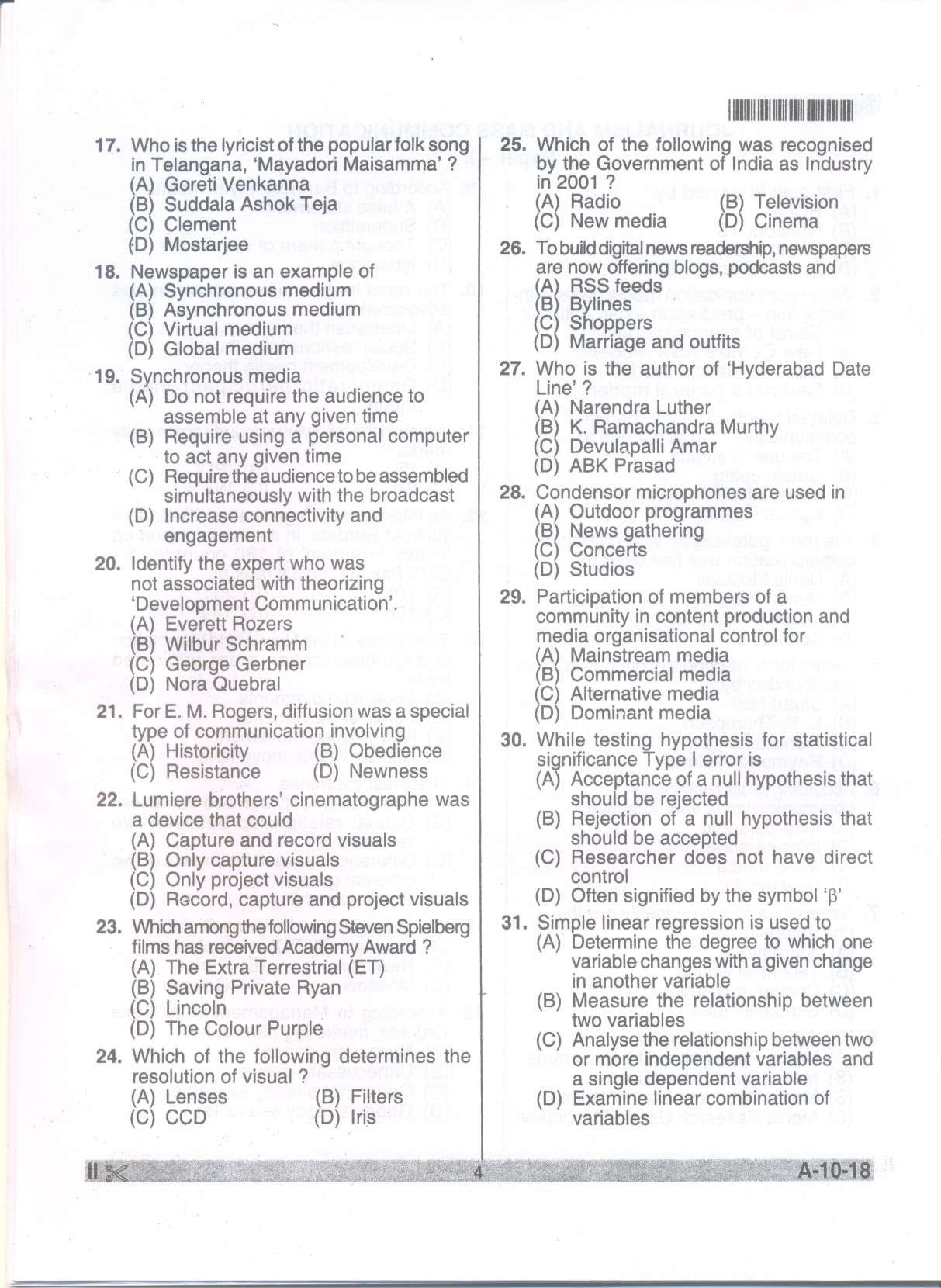 Telangana SET Journalism And Mass Communication 2018 Question Paper II 3