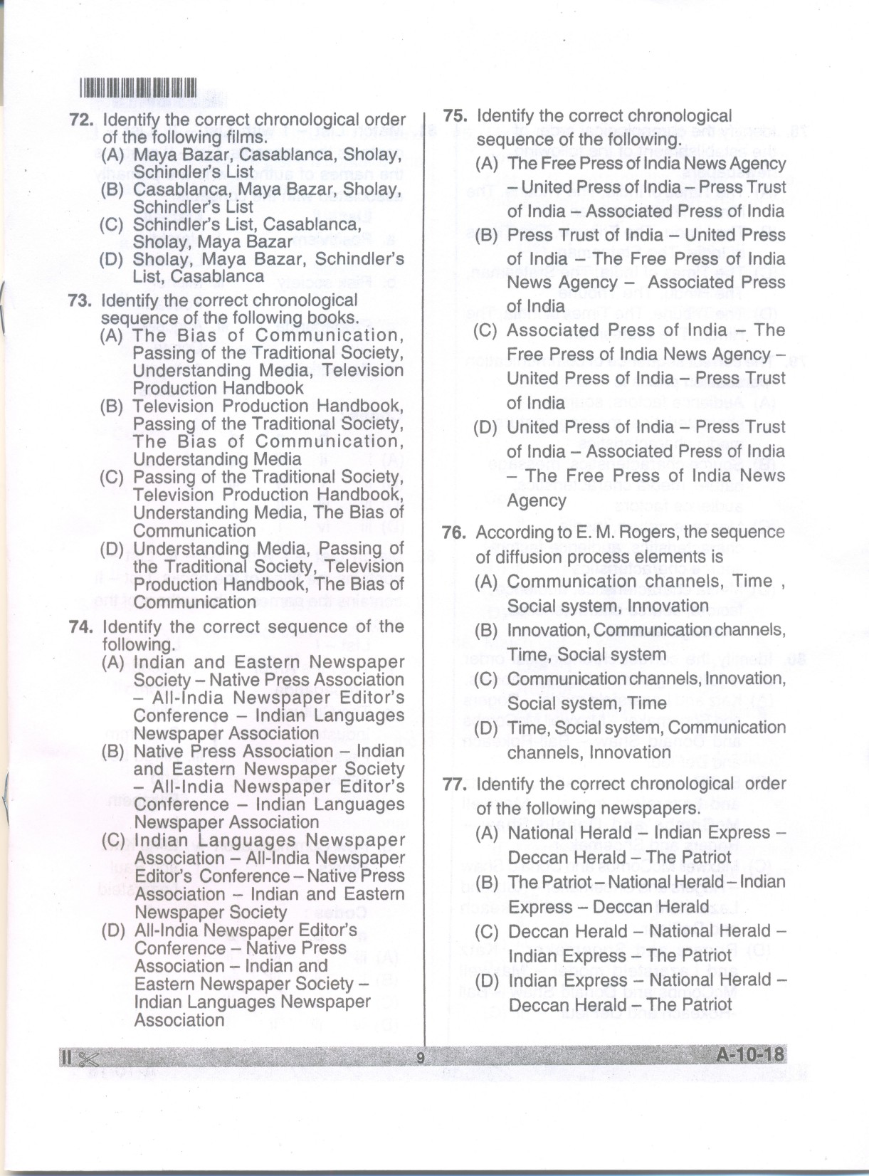 Telangana SET Journalism And Mass Communication 2018 Question Paper II 8