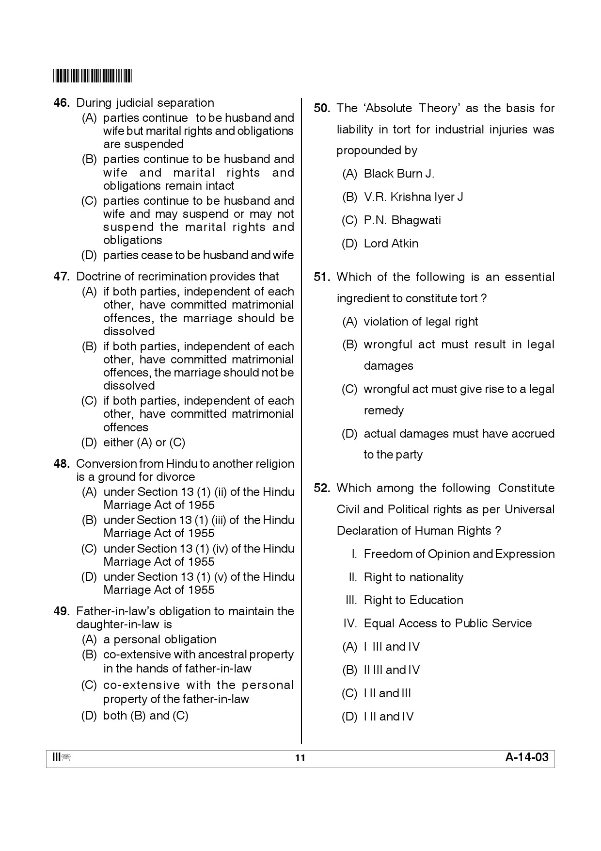 Telangana SET Law 2012 Question Paper III 10