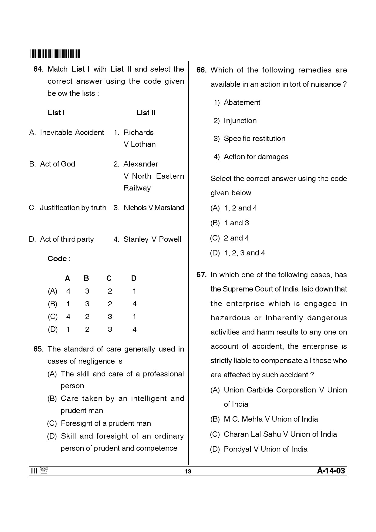 Telangana SET Law 2013 Question Paper III 12