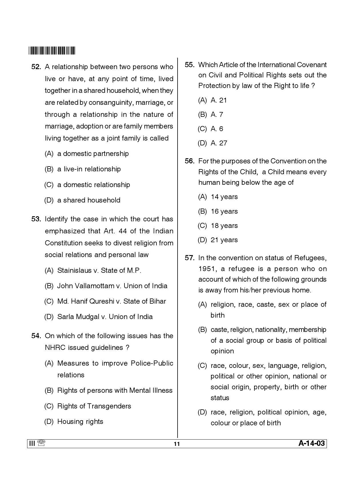 Telangana SET Law 2014 Question Paper III 10