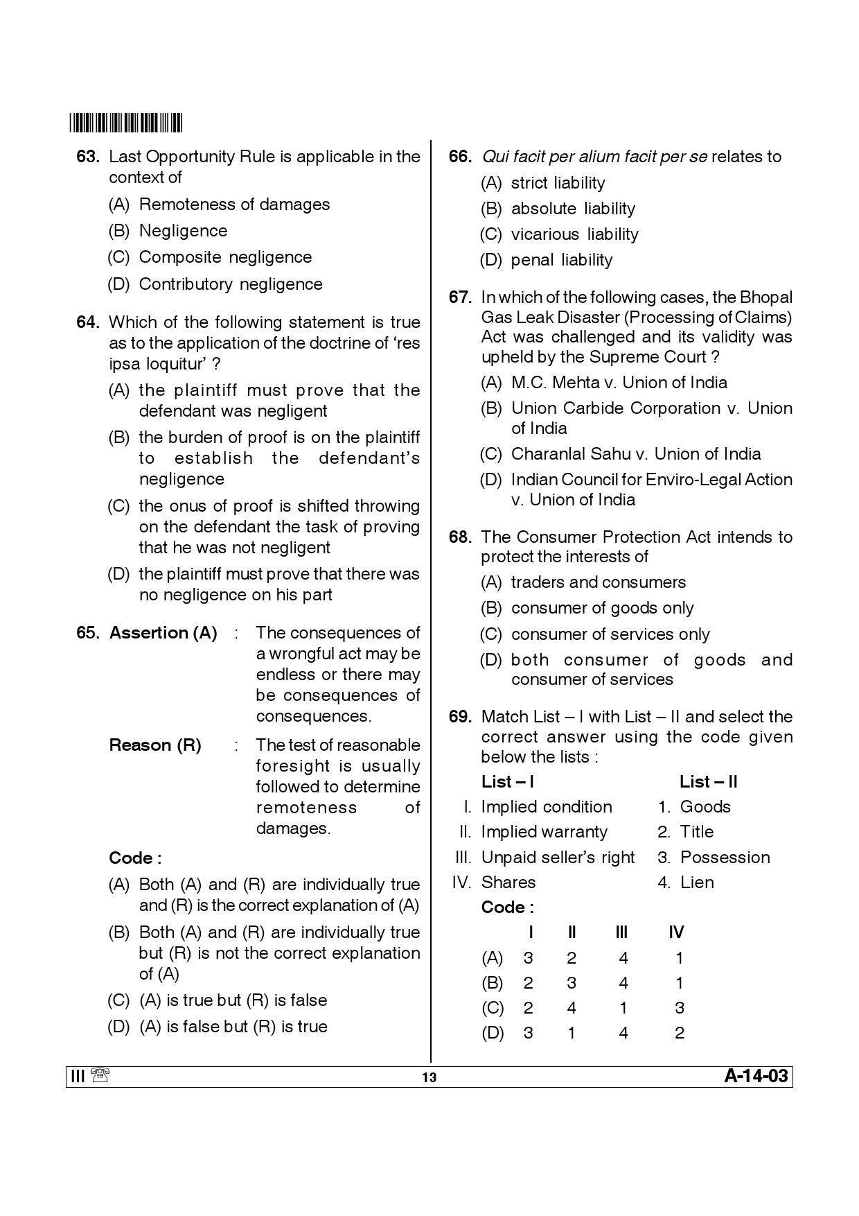 Telangana SET Law 2014 Question Paper III 12