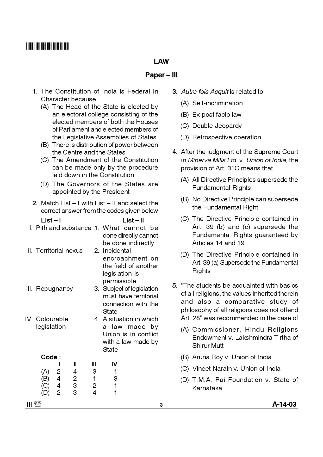 Telangana SET Law 2014 Question Paper III 2