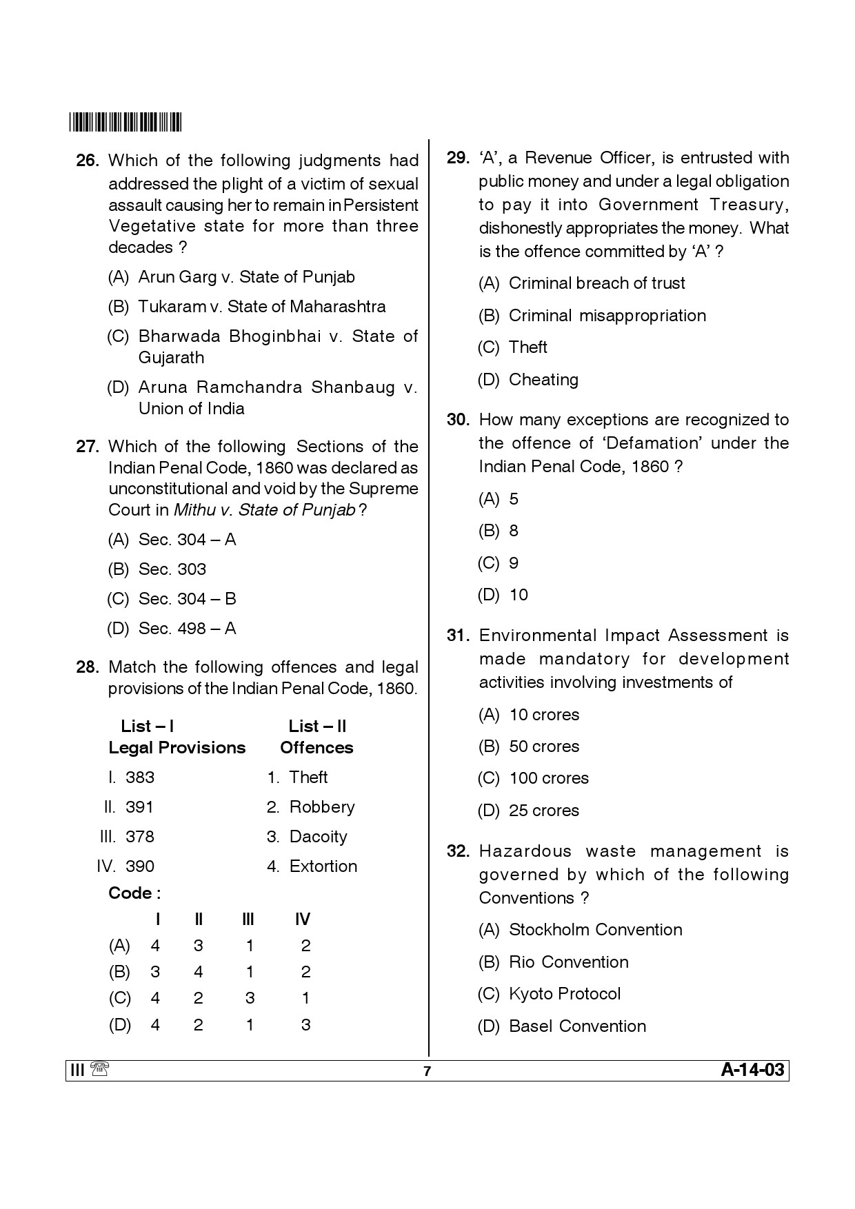 Telangana SET Law 2014 Question Paper III 6